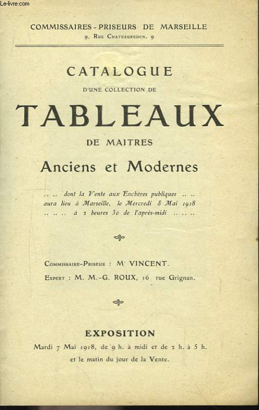 Catalogue d'une collection de Tableaux de Matres anciens et modernes.