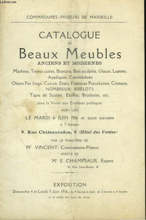 Catalogue de Beaux Meubles anciens et modernes.