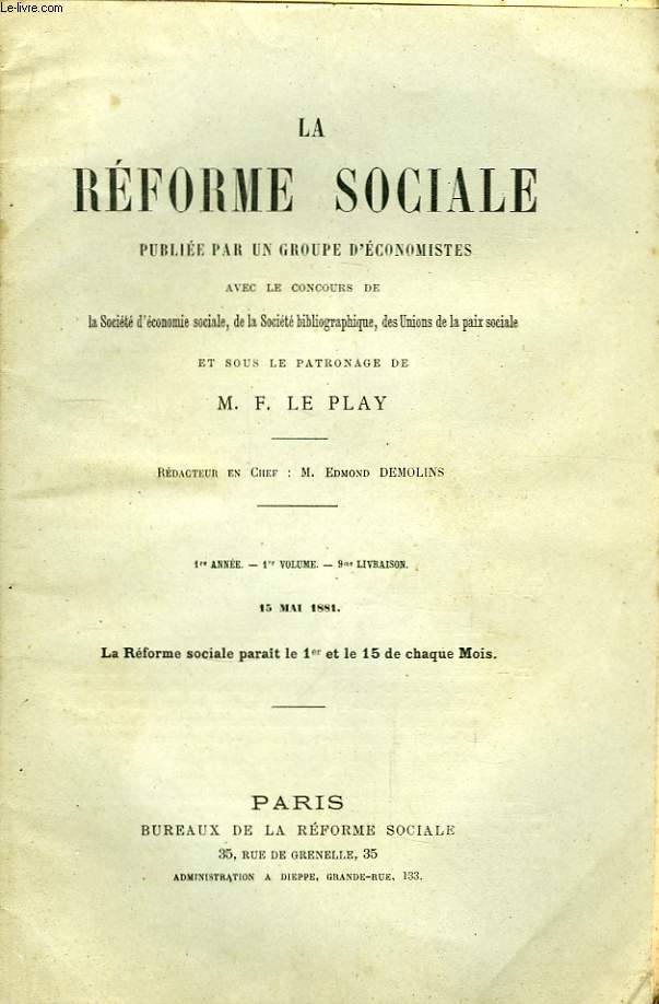 La Rforme Sociale. 1re anne. TOME I - 9me livraison.