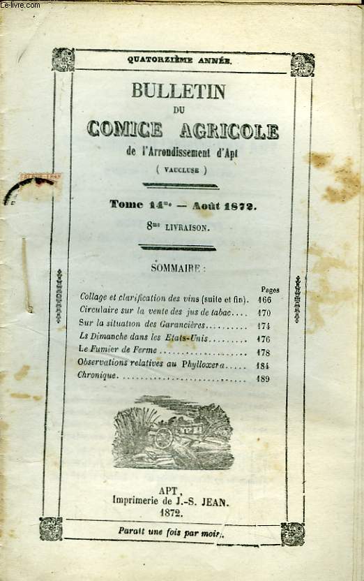 Bulletin du Comice Agricole de l'Arrondissement d'Apt (Vaucluse). TOME 14 - 8me livraison.