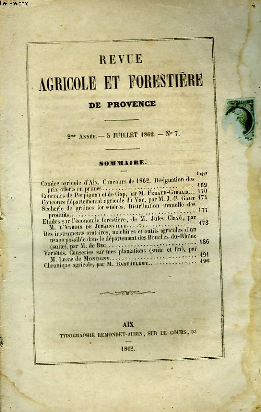 Revue Agricole et Forestire de Provence. N7 - 2me Anne