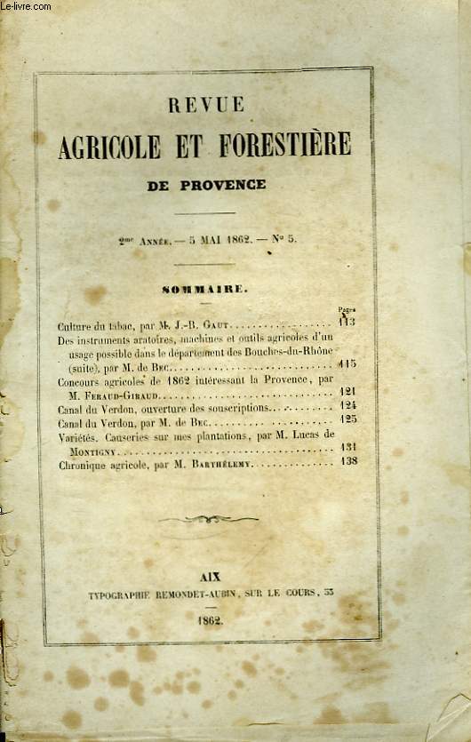 Revue Agricole et Forestire de Provence. N5 - 2me Anne