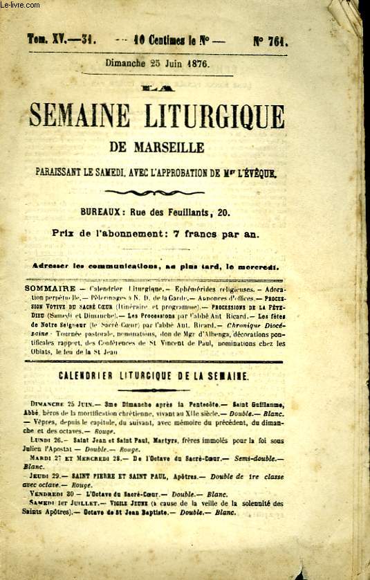 La Semaine Liturgique de Marseille. N761, Tome XV