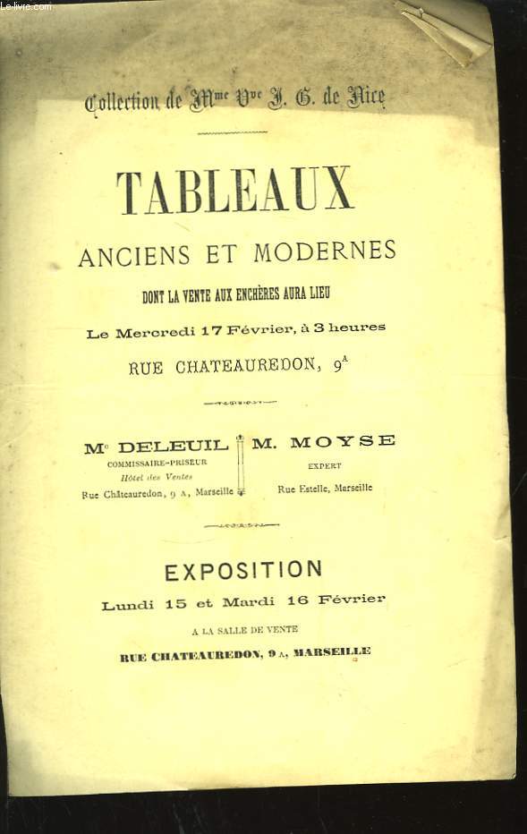 Collection de Mme Vve. J.G. De Nice. Tableaux anciens et modernes.