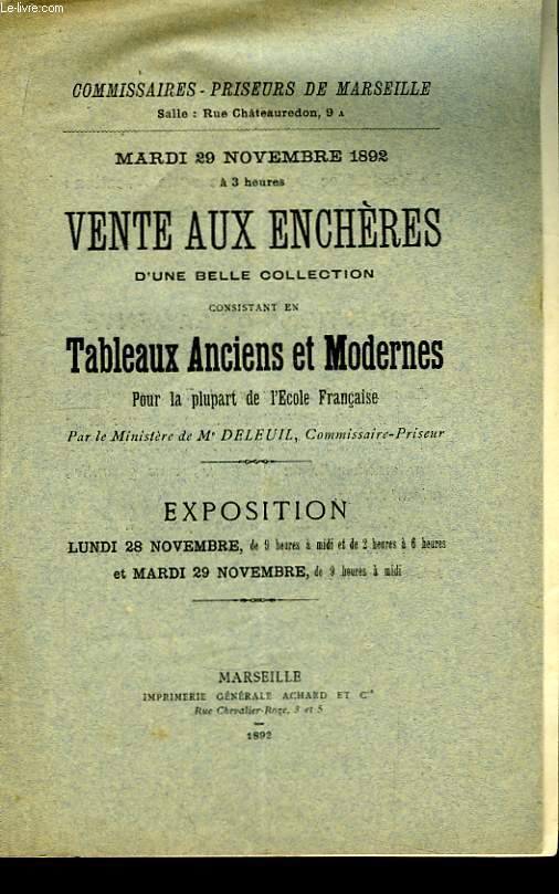 Vente aux Enchres d'une belle collection, consistant en Tableaux Anciens et Modernes.