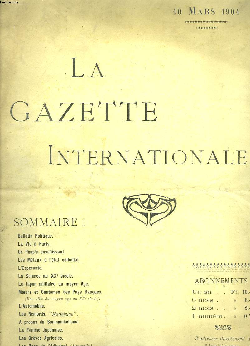 La Gazette Internationale, littraire, commerciale, financire. N1