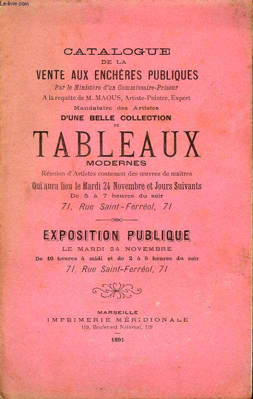 Catalogue de la Vente aux Enchres d'une belle collection de tableaux modernes.
