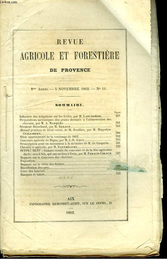 Revue Agricole et Forestire de Provence. 2me anne, N11