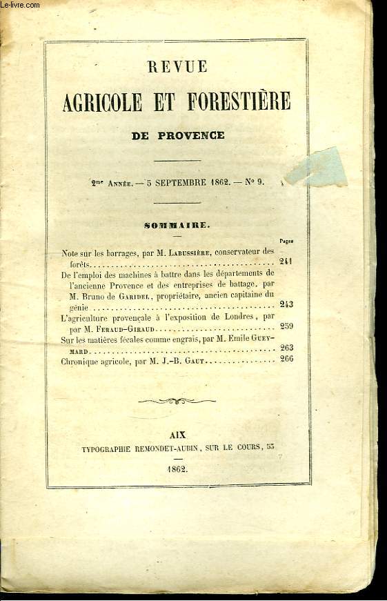 Revue Agricole et Forestire de Provence. 2me anne, N9