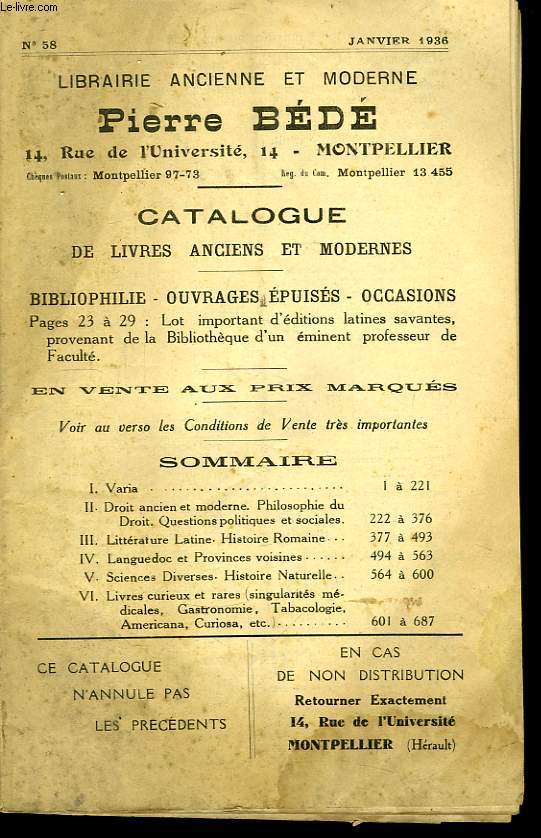 Catalogue, de livres anciens et moderne, N58