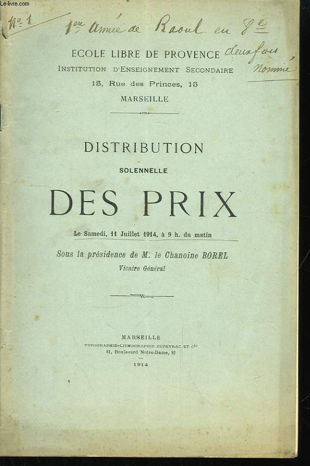 Distribution Solennelle des Prix, 11 juillet 1914