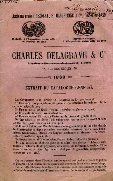 Extrait du catalogue général Delagrave, 1868.