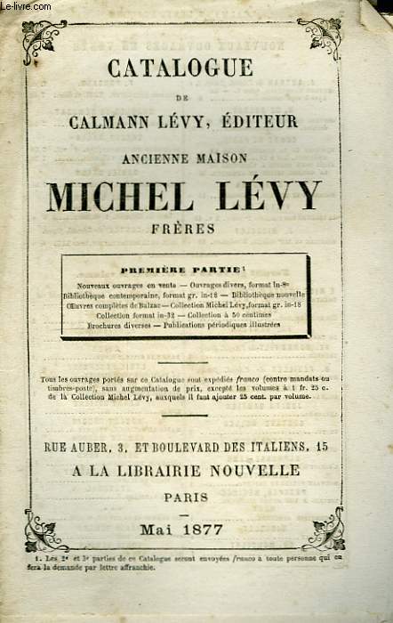 Catalogue de Calman Lévy, 1ère partie. Mai 1877