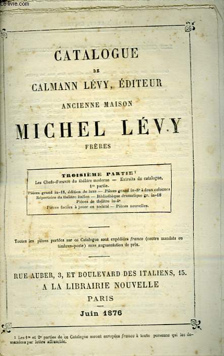 Catalogue de Calman Lvy, 3me partie. Juin 1876