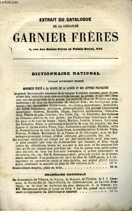 Extrait du catalogue de la Libraire Garnier Frères.