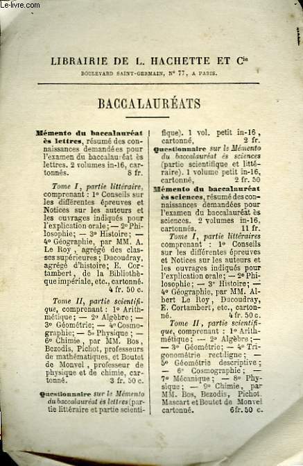 Catalogue d'ouvrages aux Baccalaurats, aux Traductions Juxtalinaires et aux Traductions Franaises.
