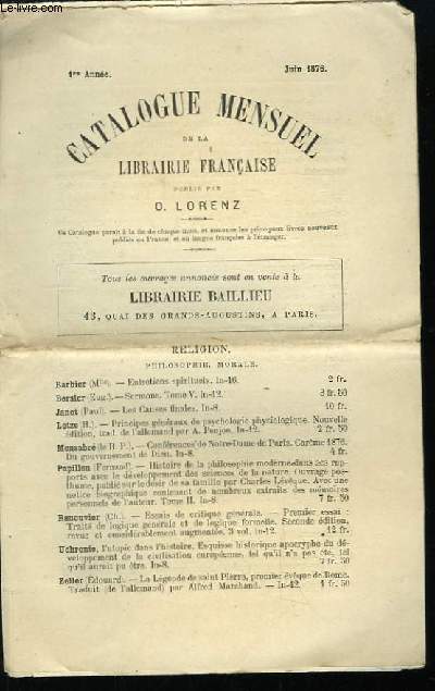 Catalogue Mensuel de la Librairie Franaise. 1re anne