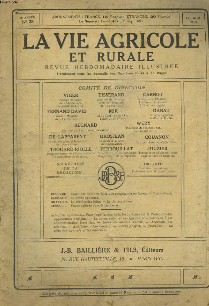 La Vie Agricole et Rurale. N28, 9me anne.