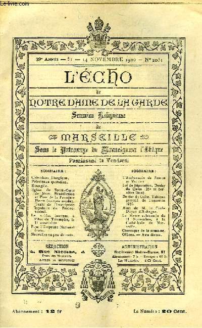 L'Echo de Notre-Dame de la Garde. N2031 - 39me anne.