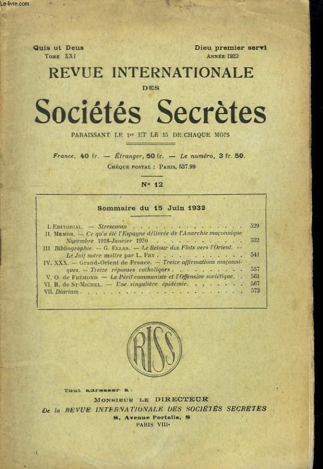 Revue Internationale des Socits Secrtes. N12, TOME XXI.