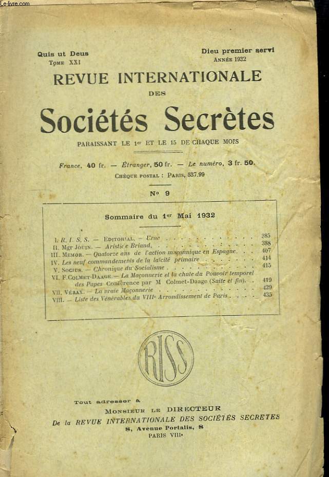 Revue Internationale des Socits Secrtes. TOME XXI, n9.