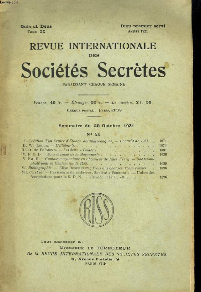 Revue Internationale des Socits Secrtes. TOME XX, n43.