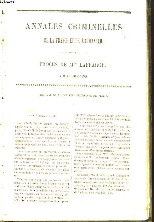 Annales Criminelles de la France et de l'Etranger. Procs de Mme Laffarge.
