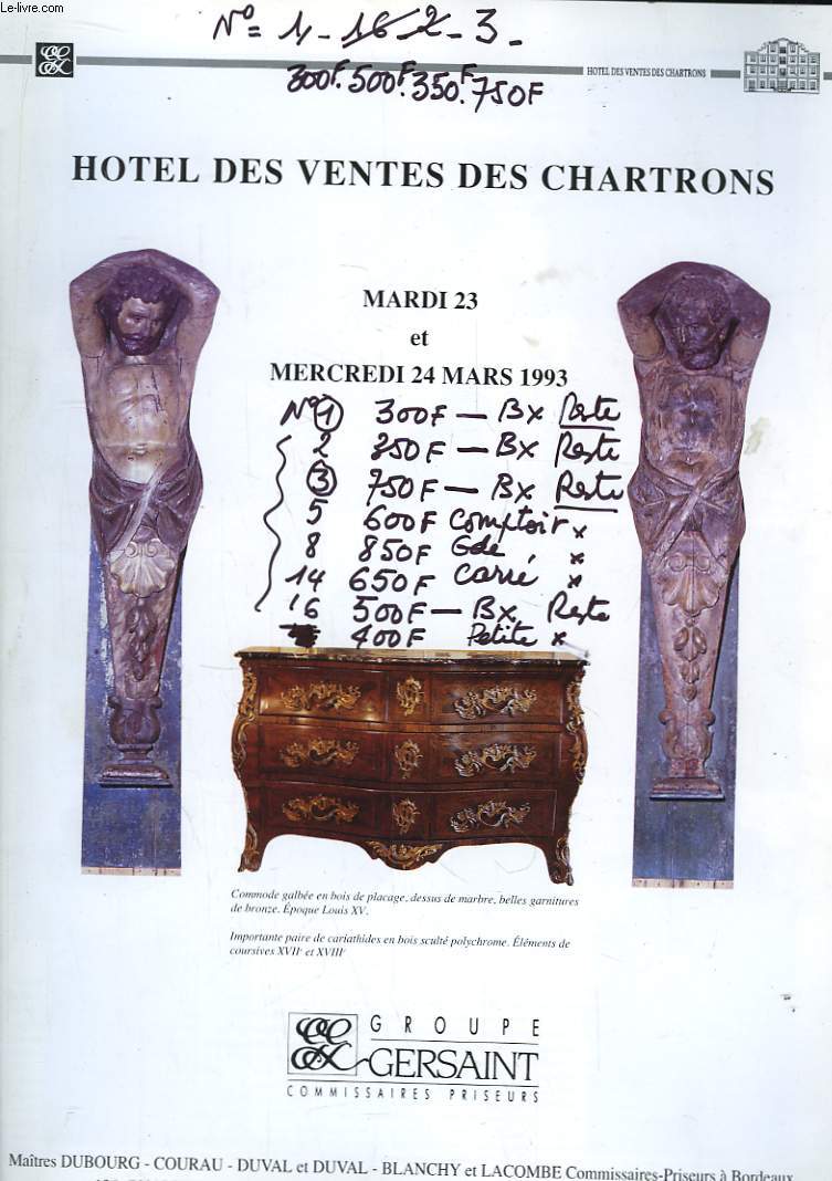 Catalogue de vente aux enchres publiques des 23 et 24 mars 1993, de l'Htel des Ventes des Chartrons.