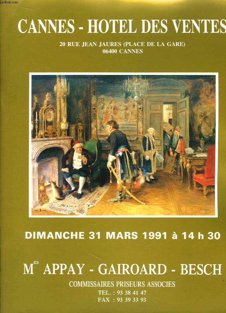 Catalogue de Vente aux Enchres Publiques du dimanche 31 mars 1991,  l'Htel des Ventes de Cannes.