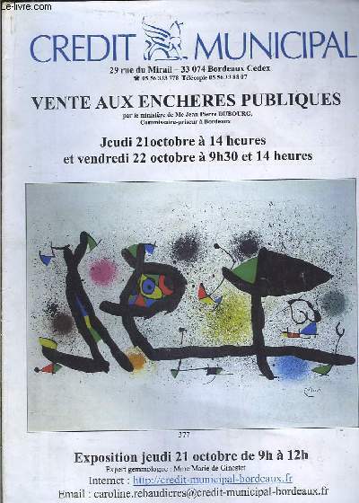 Plaquette de Ventes aux Enchres Publiques des 21 et 22 octobre, au Crdit Municipal de Bordeaux.