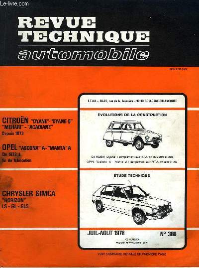 Revue Technique Automobile N380 : Chrysler Simca Horizon LS, GL et GLS