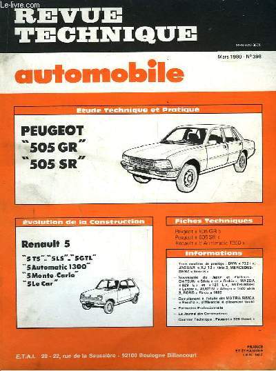 Revue Technique Automobile N°398 : Peugeot 505 GR et 505 SR