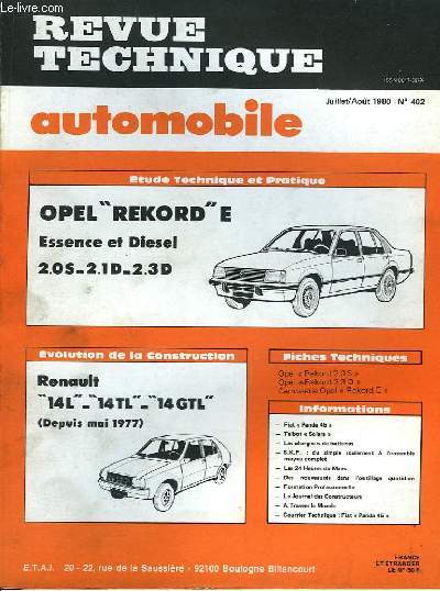 Revue Technique Automobile N402 : Opel Rekord E, Essence et Diesel 2.0 S - 2.1 D et 2.3 D