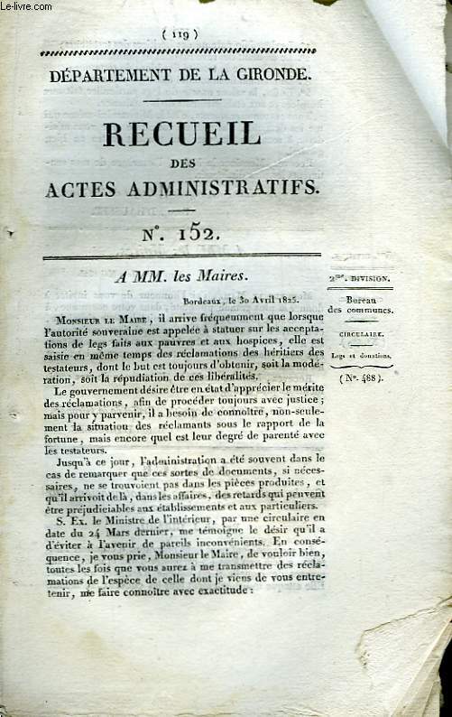 Recueil des Actes Administratifs. N152