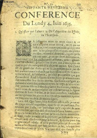Septante-Neviesme Conference Du Lundy 4 Juin 1635. Qu'est-ce que l'me ? - De l'Apparition des Esprits ou Phantosmes.
