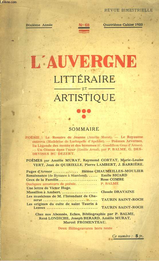 L'Auvergne Littraire et Artisitique. N68, 10me anne.
