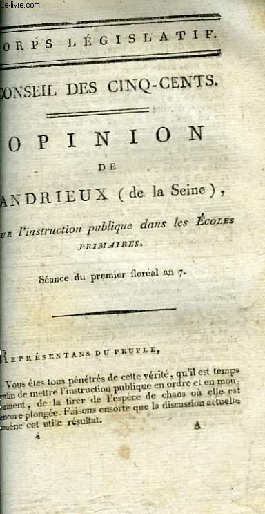 Opinion sur l'Instruction Publique dans les Ecoles Primaires. Sance du 1er floral an 7.