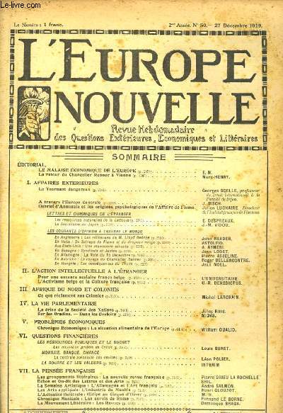 L'Europe Nouvelle. Revue Hebdomadaire des Questions Extrieures, Economiques et Littraires. N50 - 2me anne.