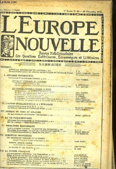 L'Europe Nouvelle. Revue Hebdomadaire des Questions Extrieures, Economiques et Littraires. N49 - 2me anne.