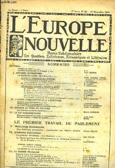 L'Europe Nouvelle. Revue Hebdomadaire des Questions Extrieures, Economiques et Littraires. N48 - 2me anne.