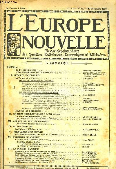 L'Europe Nouvelle. Revue Hebdomadaire des Questions Extrieures, Economiques et Littraires. N46 - 2me anne.