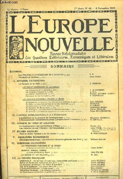 L'Europe Nouvelle. Revue Hebdomadaire des Questions Extrieures, Economiques et Littraires. N45 - 2me anne.