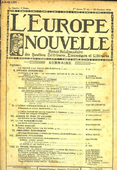L'Europe Nouvelle. Revue Hebdomadaire des Questions Extrieures, Economiques et Littraires. N43 - 2me anne.