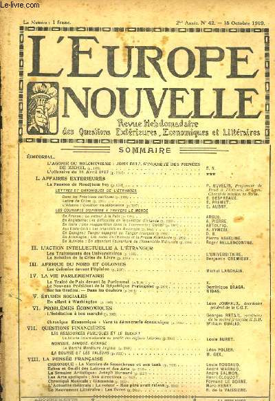 L'Europe Nouvelle. Revue Hebdomadaire des Questions Extrieures, Economiques et Littraires. N42 - 2me anne.