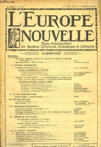 L'Europe Nouvelle. Revue Hebdomadaire des Questions Extrieures, Economiques et Littraires. N41 - 2me anne.