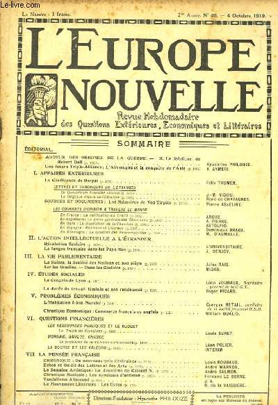 L'Europe Nouvelle. Revue Hebdomadaire des Questions Extrieures, Economiques et Littraires. N40 - 2me anne.