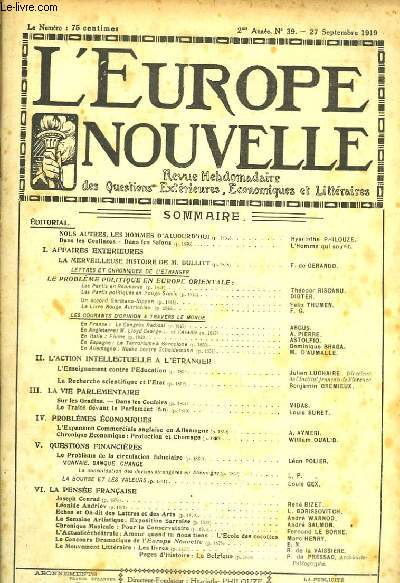 L'Europe Nouvelle. Revue Hebdomadaire des Questions Extrieures, Economiques et Littraires. N39 - 2me anne.