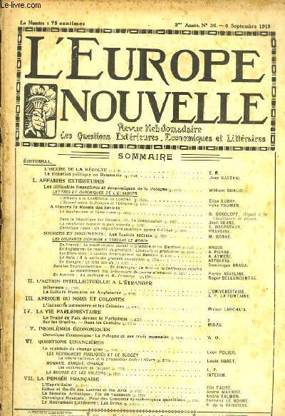 L'Europe Nouvelle. Revue Hebdomadaire des Questions Extrieures, Economiques et Littraires. N36 - 2me anne.