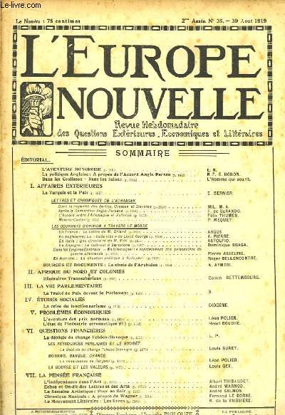 L'Europe Nouvelle. Revue Hebdomadaire des Questions Extrieures, Economiques et Littraires. N35 - 2me anne.