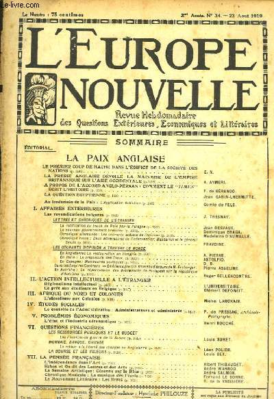 L'Europe Nouvelle. Revue Hebdomadaire des Questions Extrieures, Economiques et Littraires. N34 - 2me anne.